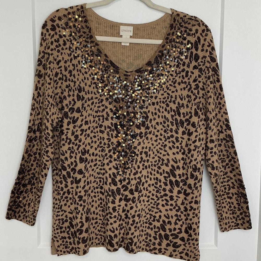 Chico's 3 Leopard Cheetah Animal Metallic Sweater Top Sequins Bling Shimmer XL